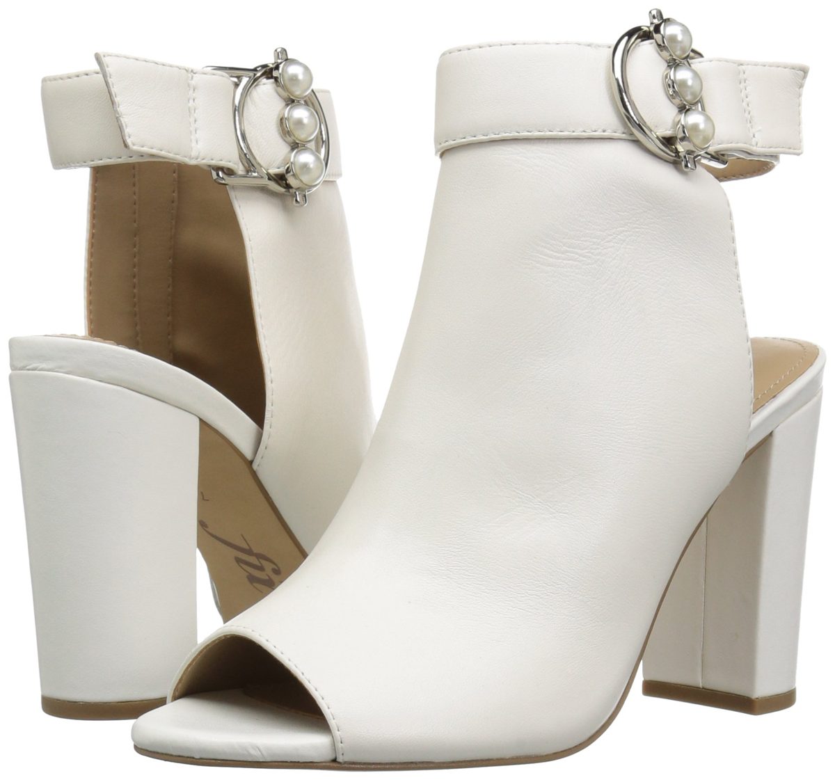 Amazon Brand - The Fix Women's Giana Open Toe Bootie with Pearl Buckle, bright white leather, 6.5 B US
