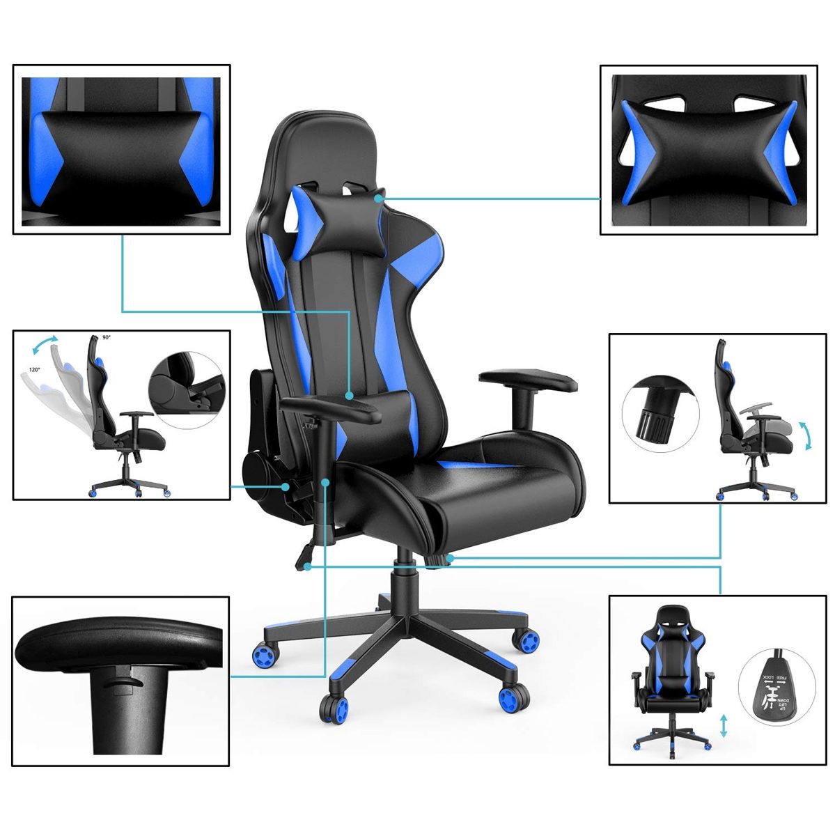 AmazonBasics Gaming/Racing Style Office Chair with Removable Headrest and High Back Cushion - Blue