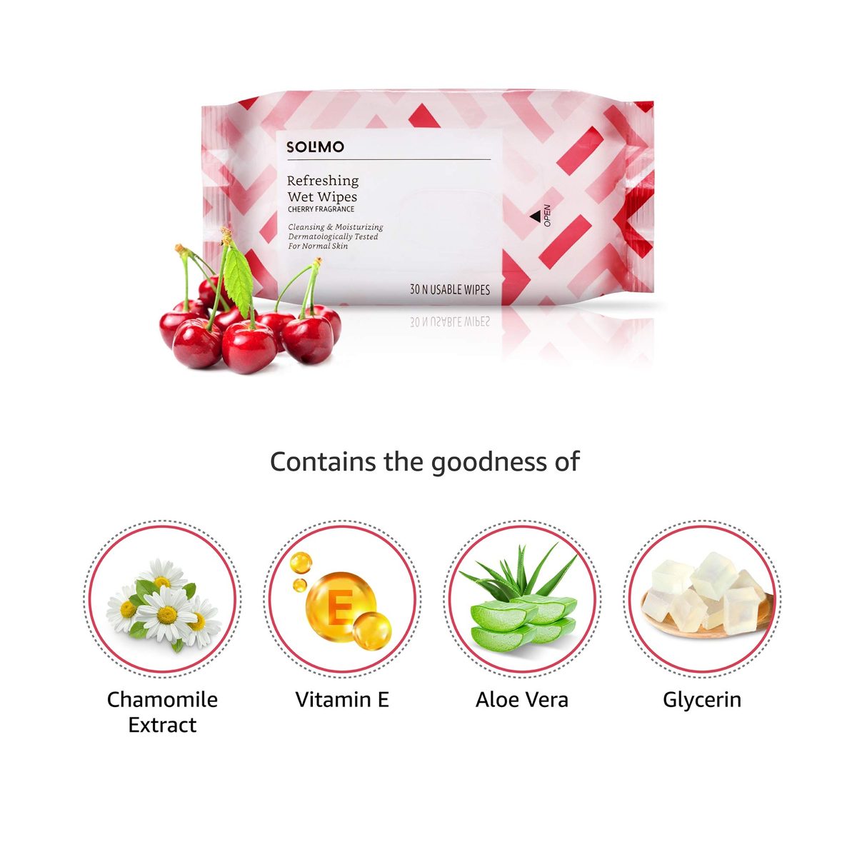 Amazon Brand - Solimo Refreshing Wet Wipes, Cherry - 30 Wipes (Pack of 4)