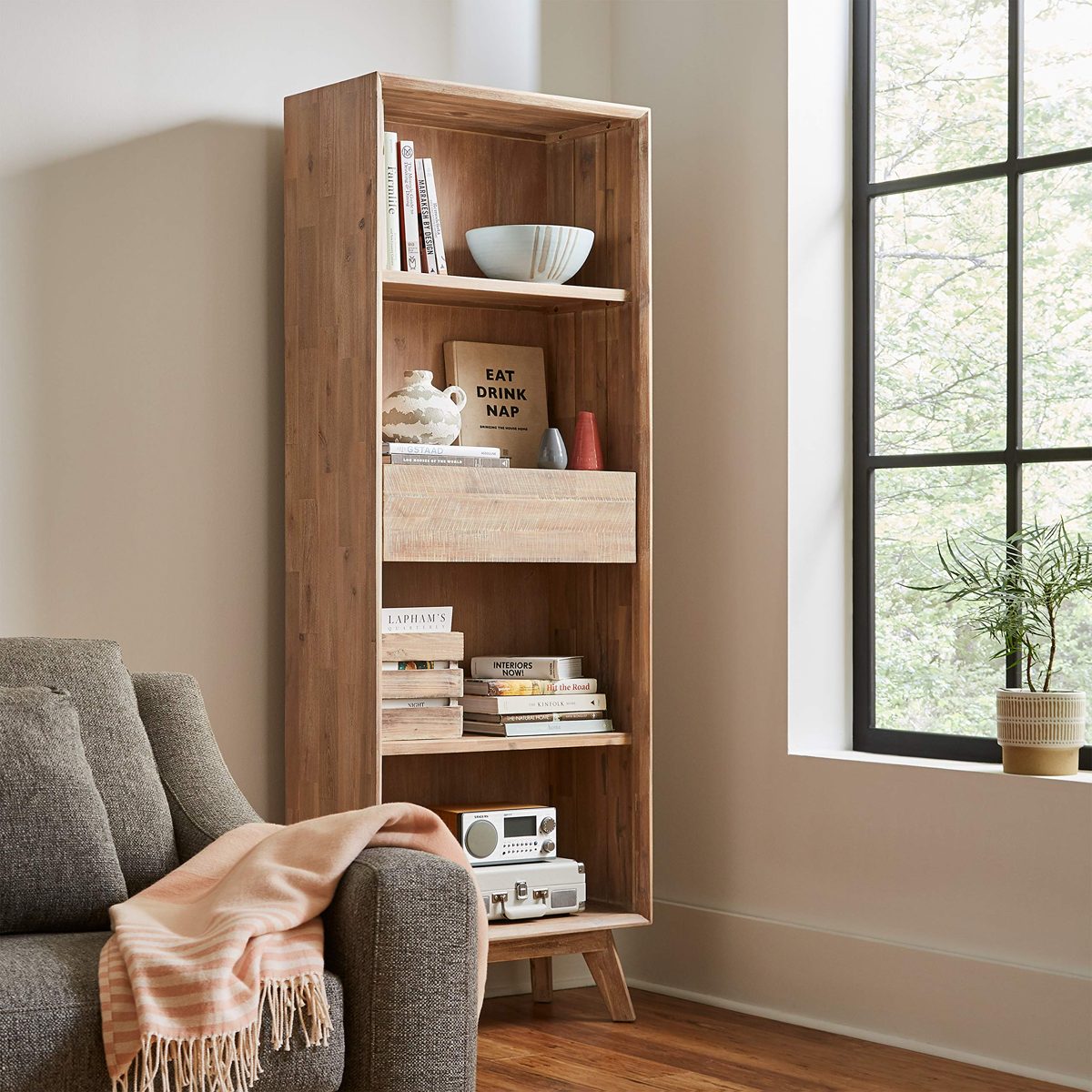 Stone & Beam Rylee Modern Bookcase 27.6"W x 76.8”H, Mixed Gray