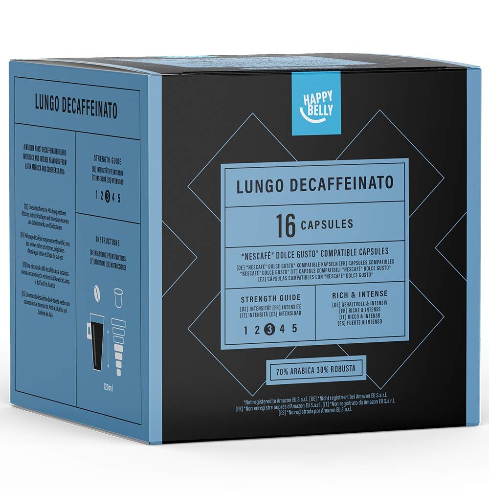 Amazon Brand - Happy Belly Lungo Decaffeinato coffee pods (decaffeinated) compatible with NESCAFÉ* DOLCE GUSTO*, 3x16 capsules (48 servings)