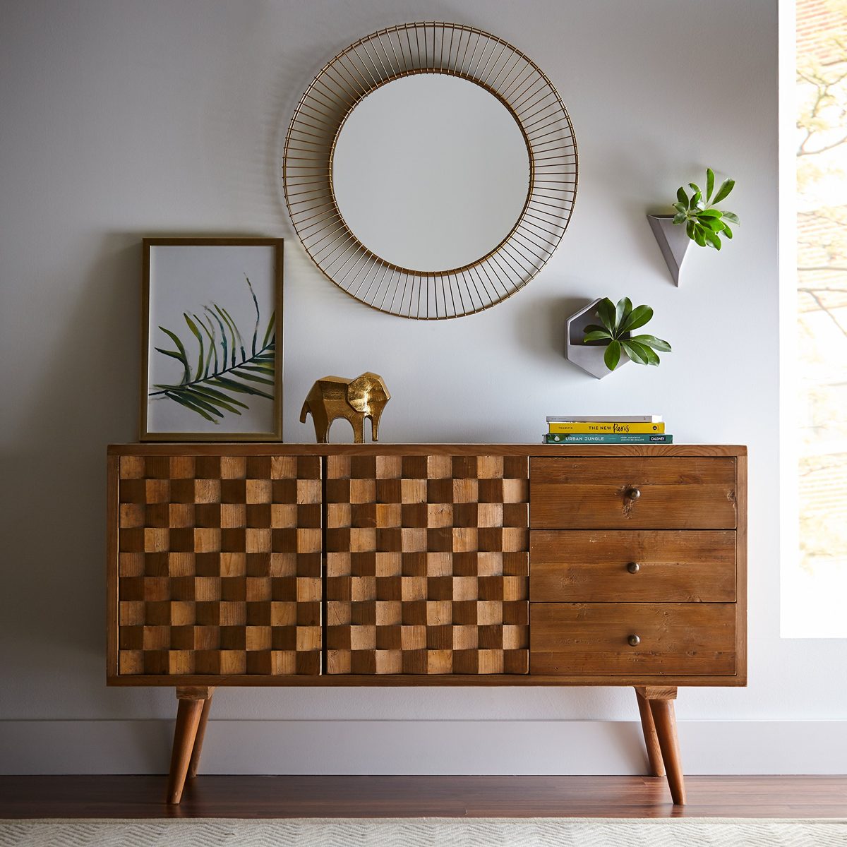 Amazon Brand – Rivet Mid-Century Modern Checkerboard Reclaimed Elm Buffet Sideboard Credenza Cabinet, 55.1"W, Natural