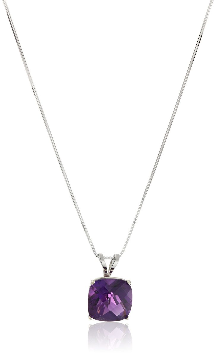 14k White Gold Cushion Checkerboard Cut Amethyst Pendant Necklace (8mm), 18"