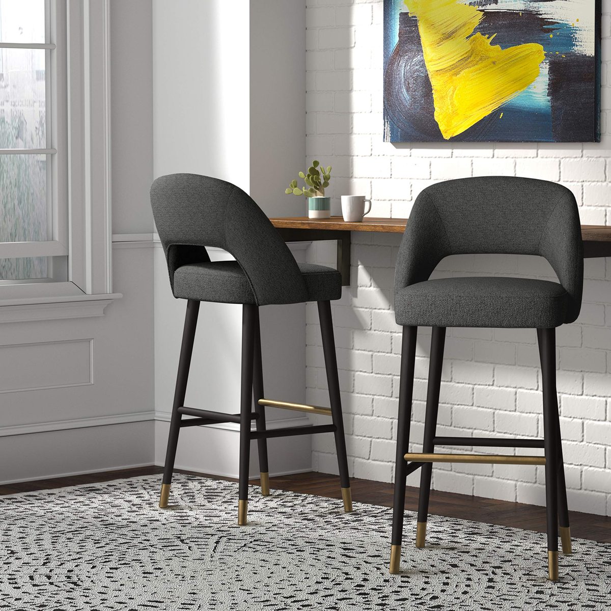 Amazon Brand – Rivet Whit Contemporary Upholstered Bar Stool with Gold Accents, 41"H, Flannel Grey