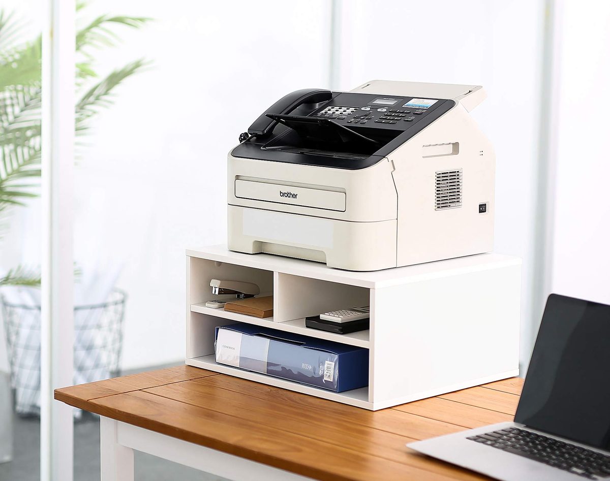 EONO EDO201401WW Printer Holder with 3 Compartments Wood White Organiser for Office and Home 47 x 40 x 22.5 cm