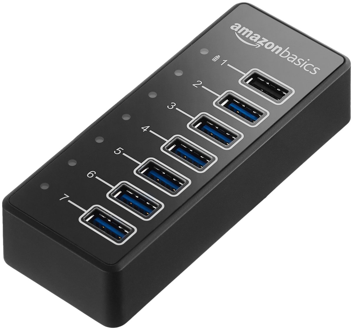 AmazonBasics USB-A 3.1 7-Port Hub with Power Adapter - 36W (12V/3A), Black, EU