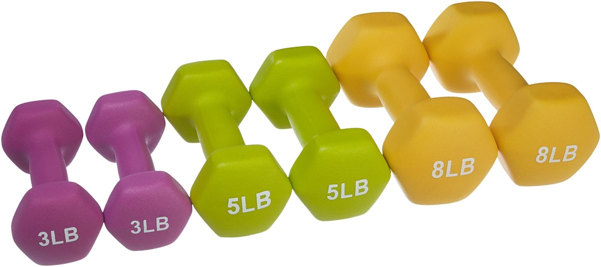 AmazonBasics Neoprene Workout Dumbbell Hand Weights, 32 Pounds Total, Purple/Green/Yellow - 3 Pairs (3-Lb, 5-Lb, 8-Lb) & Weight Rack