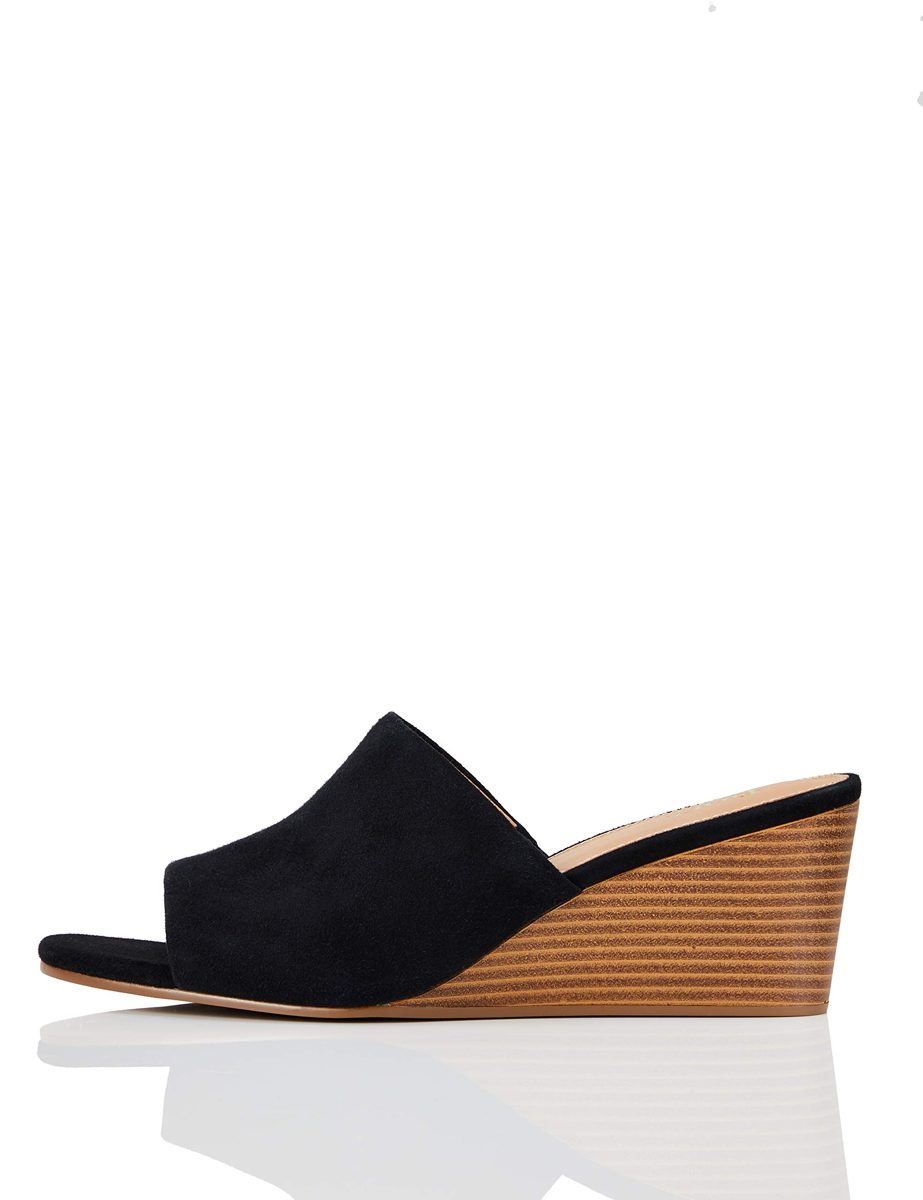 find. Women's Mule Wedge Leather Open Toe Heels, Black (Black), 4 UK