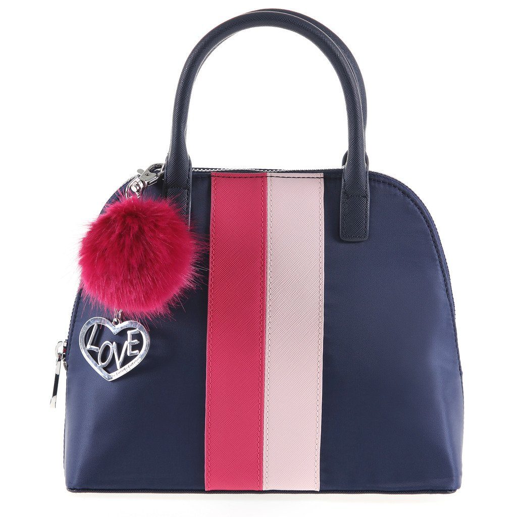 The Lovely Tote Co. Women's Contrast-Stripe Nylon Top Handle Bowler with Faux-Fur Pom Charm,