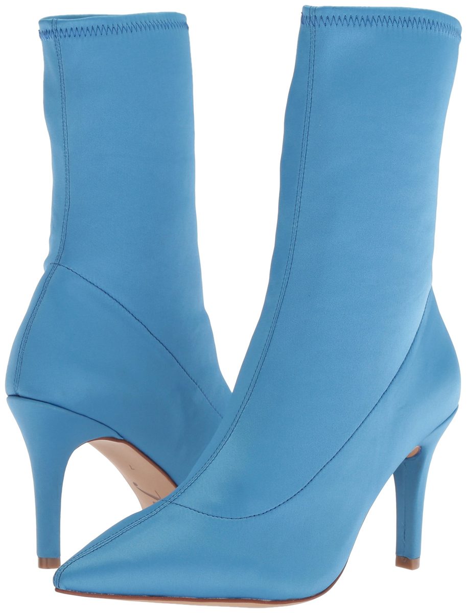 Amazon Brand - The Fix Women's Becca Pointed Toe Sock Boot, Cielo Blue Stretch Satin, 9.5 B US