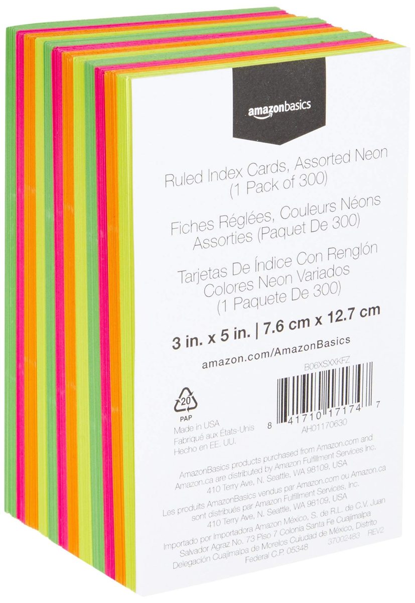 AmazonBasics Ruled Index Cards, Assorted Neon, 3x5-Inch, 300-Count (Renewed)