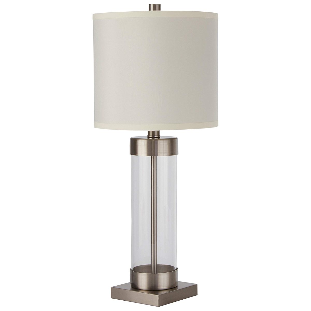 Amazon Brand – Stone & Beam Glass Column Living Room Table Desk Lamp With Light Bulb and Linen Shade, 23"H, Brushed Nickel