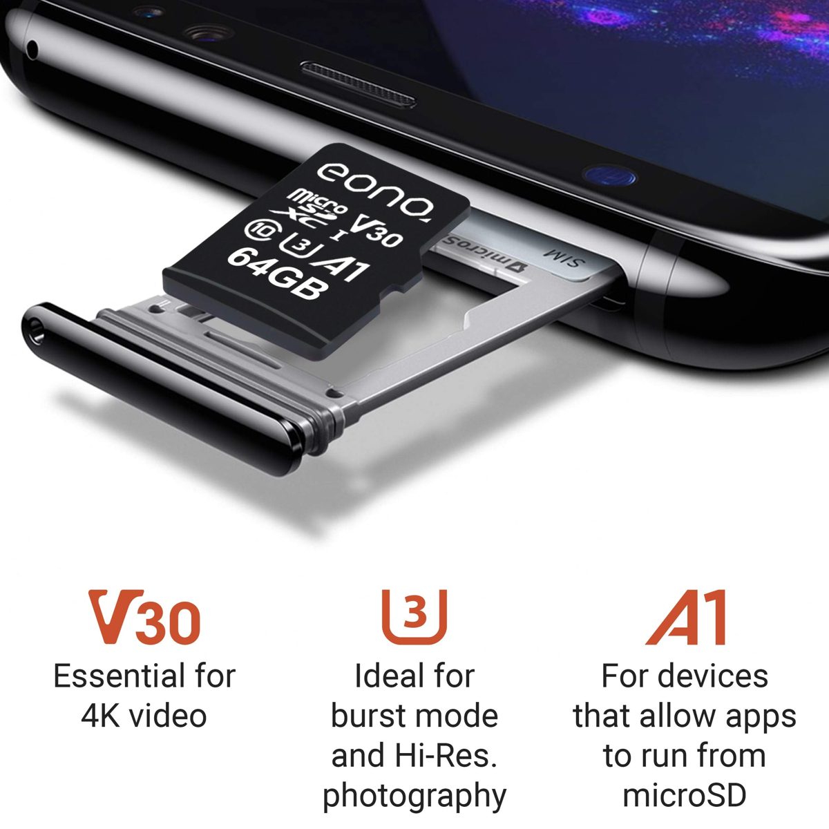 Eono by Amazon - 64 GB 4K, V30 (U3/UHS-1) high-speed A1 microSDXC, up to 100MB/s transfer speed