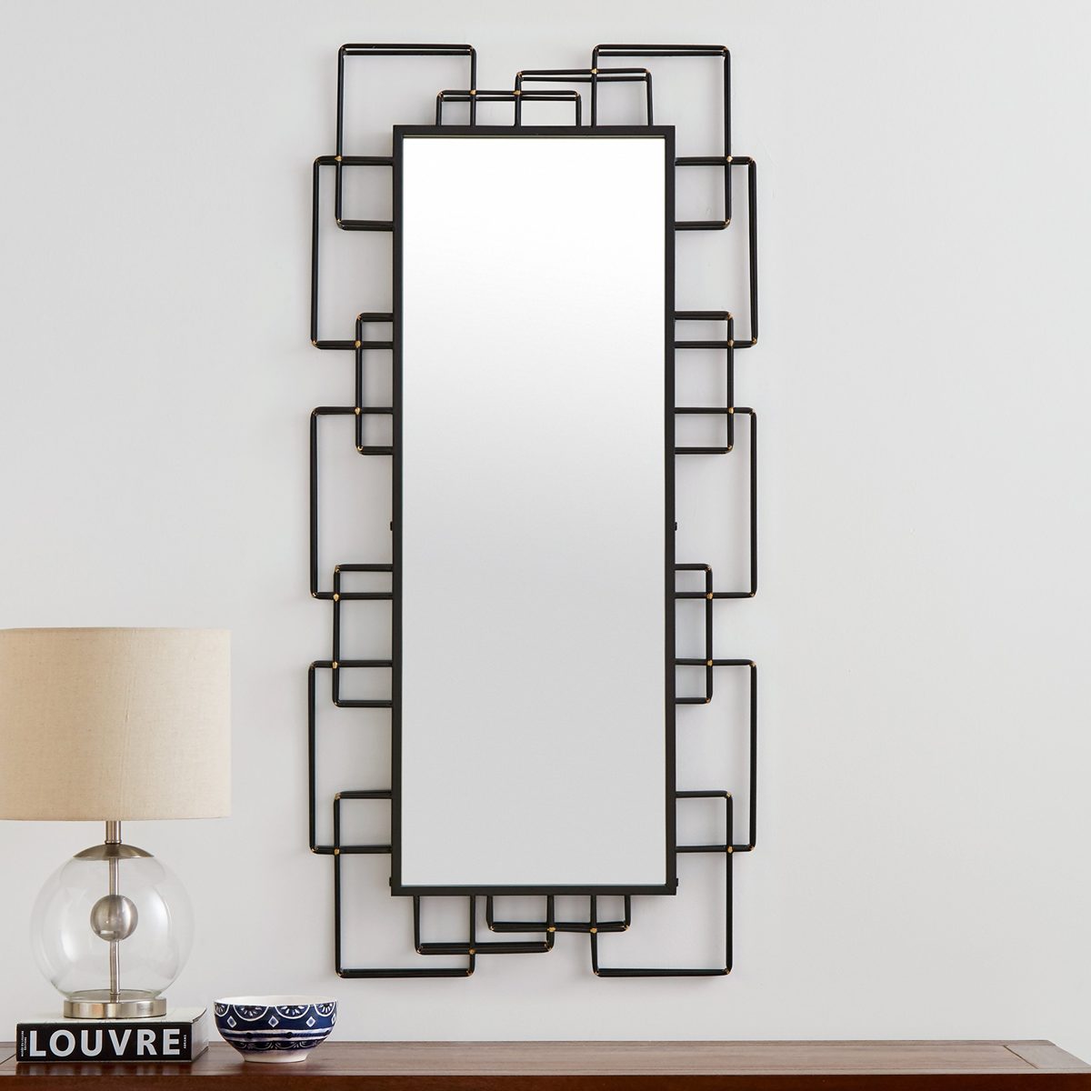 Amazon Brand – Rivet Geometric Metal Wall Mirror Decor, 47 Inch Height, Black with Gold Accents