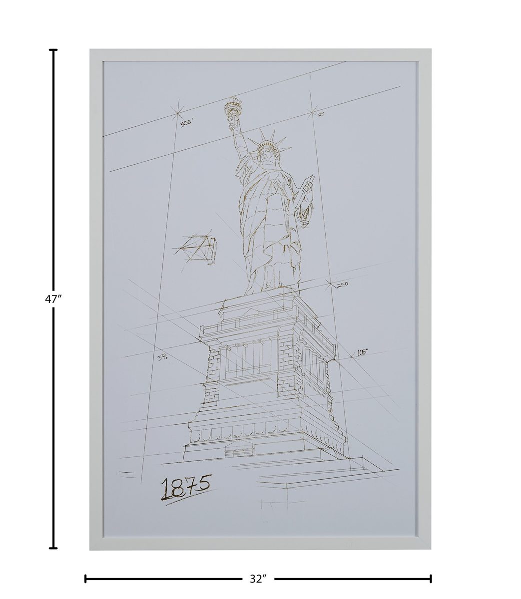 Amazon Brand – Stone & Beam Modern Gold/White and White Print Wall Art of Statue of Liberty, White Frame, 32" x 47"