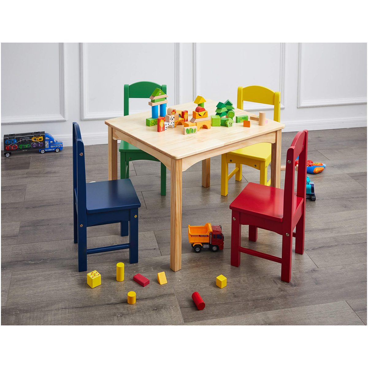 AmazonBasics Kids Wood Table and 4 Chair Set, Natural Table, Assorted Color Chairs
