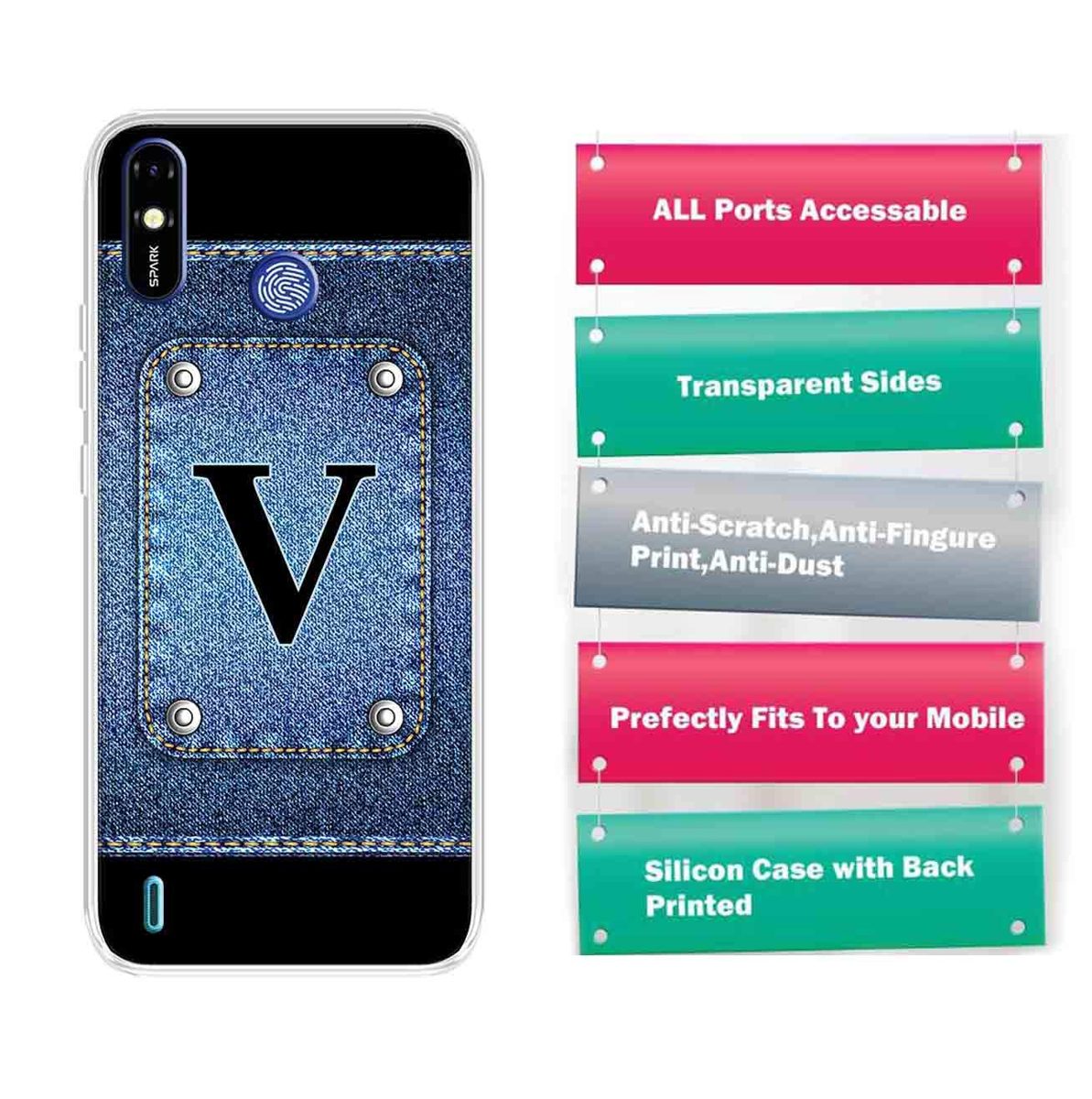 Amazon Brand - Solimo Designer Multicolor Button Jeans Alphabet-V Printed Soft Back Case Mobile Cover for Tecno Spark Go Plus