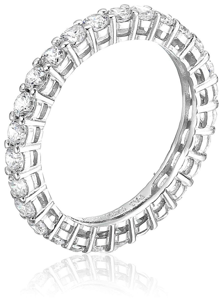 Amazon Essentials Platinum Plated Sterling Silver Round Cut Cubic Zirconia All-Around Band Ring (2.5mm), Size 7