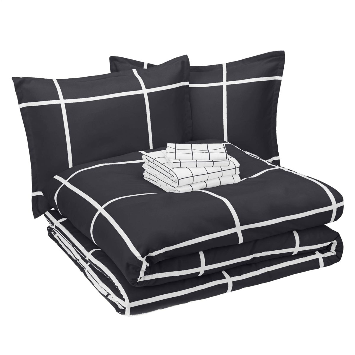 AmazonBasics College Dorm Bed-in-a-Bag with Elastic Storage Pockets - Full/Queen - Black Grid