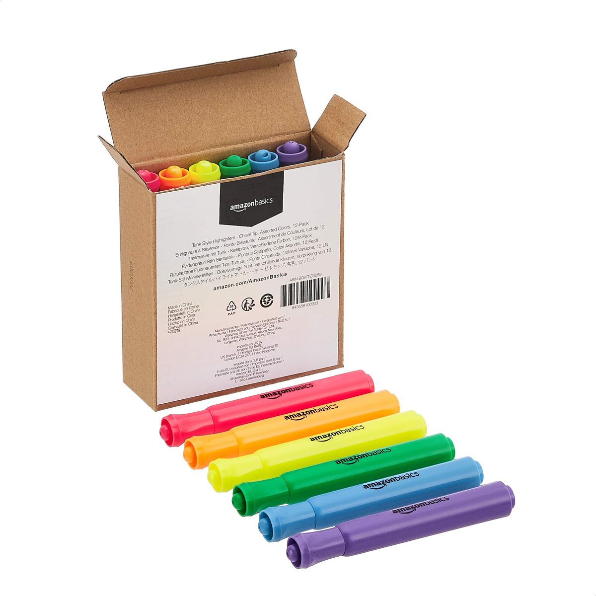 AmazonBasics Tank Style Highlighters - Chisel Tip, 12-Pack