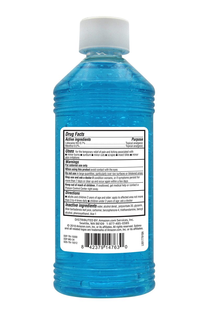 Amazon Brand - Solimo After Sun Gel with Aloe, Lidocaine and Menthol, 16 Fluid Ounce (1 Pack)