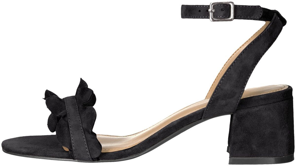 Amazon Brand - The Fix Women's Lizzie Block Heel Ruffled Sandal Heeled, Black Suede, 9 B US