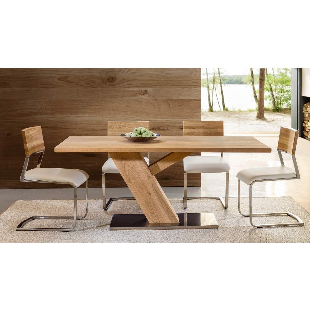 Amazon Brand - Alkove Hayes Solid Wood Dining Table with Stainless Steel Base, Seats 6, 180 x 90 x 75cm, Wild Oak/Stainless Steel