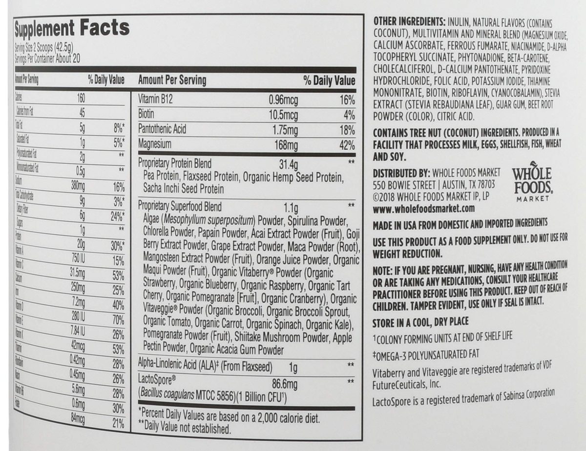 Whole Foods Market, All-In-One Plant Protein, Coconut Almond, 30 oz