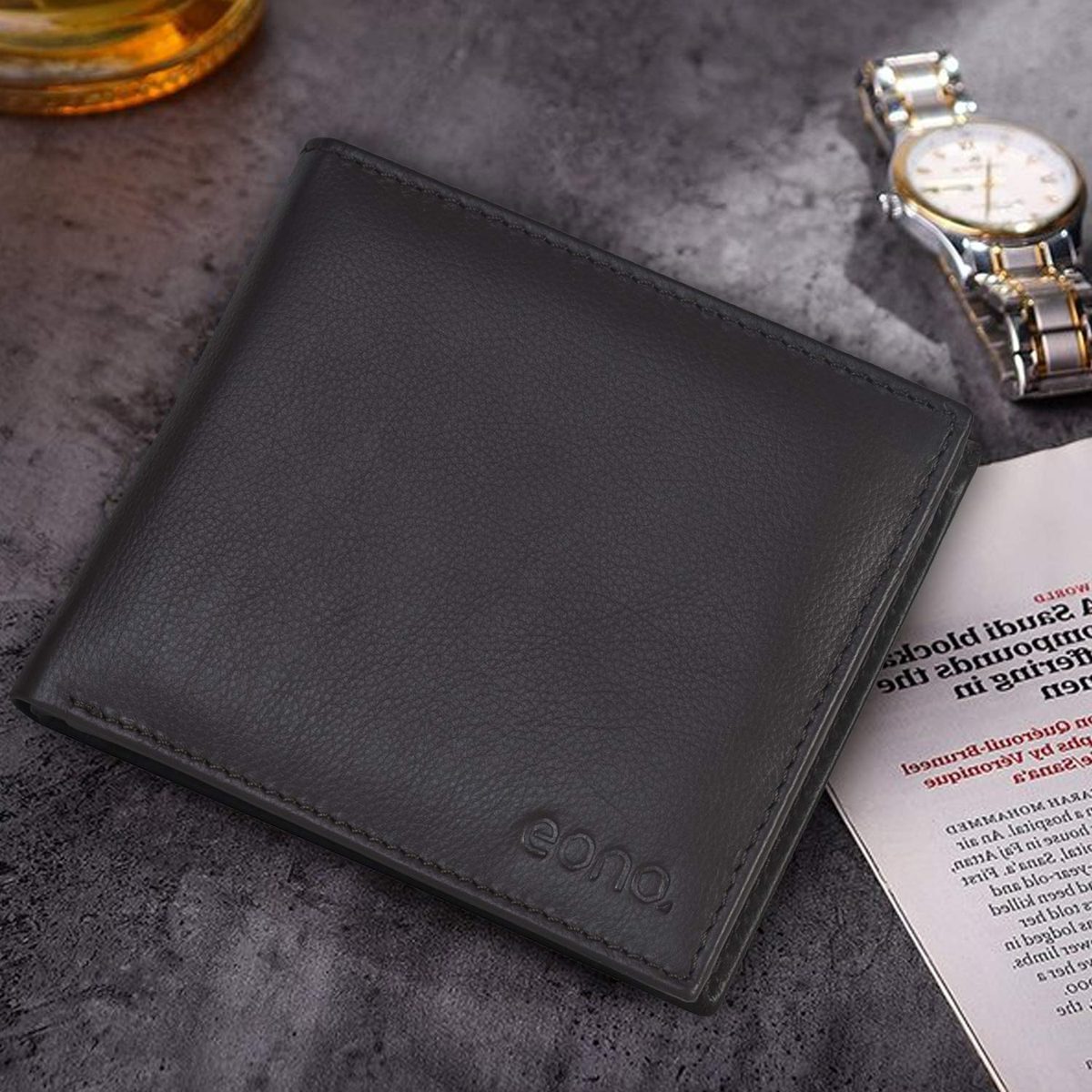 Eono by Amazon Leather Wallet for Men and Women - Flat Design with RFID Reading Protection Function, Cowhide nappa leather brown
