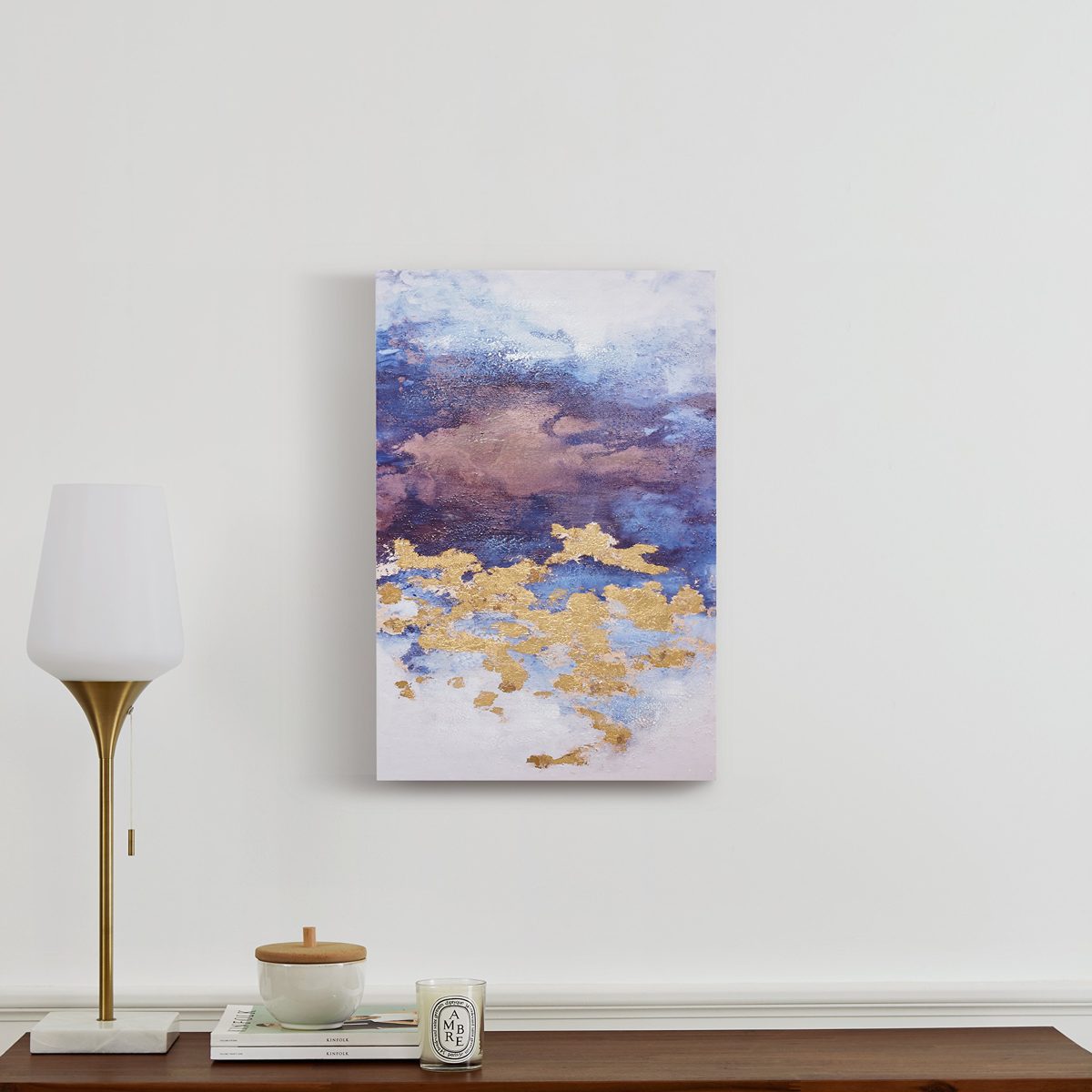 Amazon Brand – Rivet Abstract Purple Clouds with Gold Leaf Accent on Canvas Wall Art, 18" x 24"