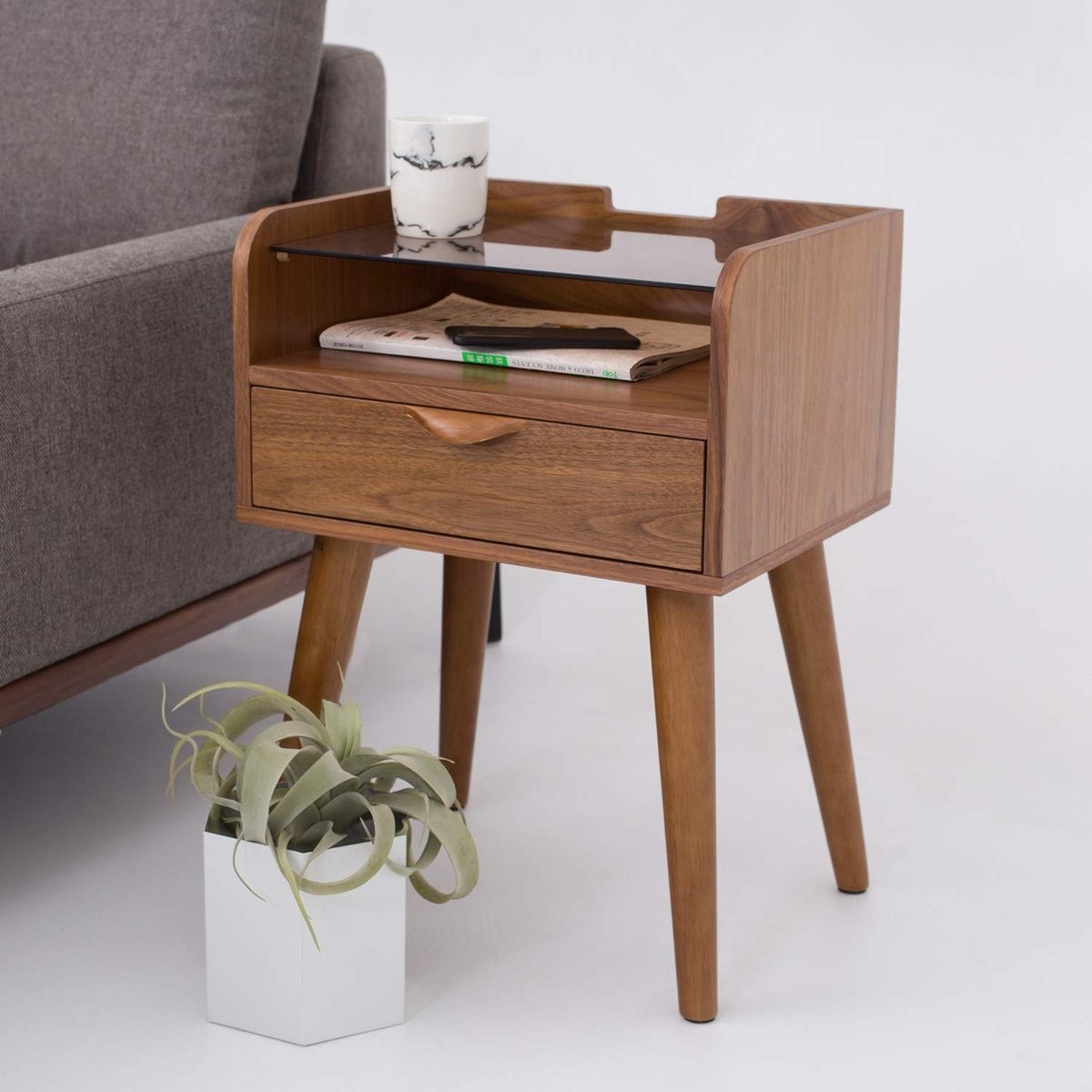 Amazon Brand - Rivet 1-Drawer End/Side Table with Shelf and Tempered Glass Top, 40 x 45 x 60cm, MDF with Walnut Veneer/Solid Beech Wood