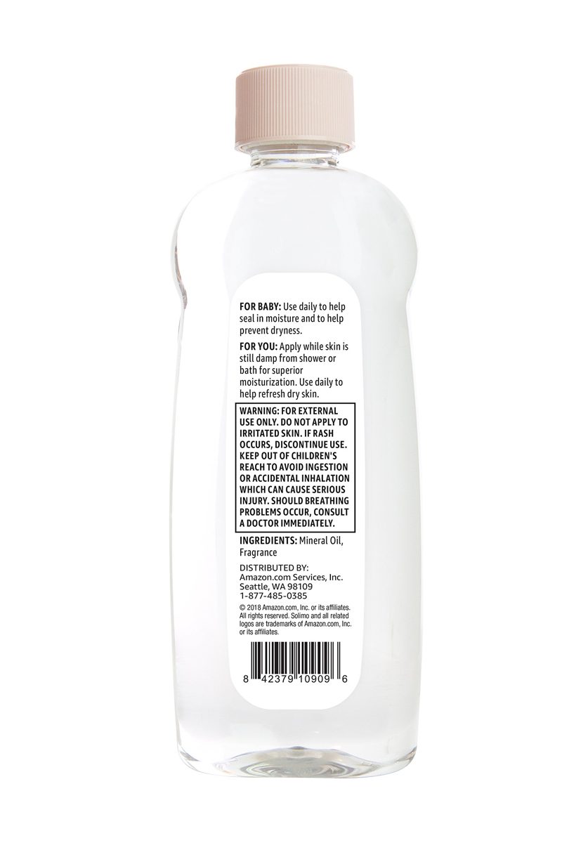 Amazon Brand - Solimo Baby Oil, Mild & Gentle, Dermatologist Tested, 14 Fluid Ounces (Pack of 4) & Solimo Baby Oil with Aloe Vera & Vitamin E, 20 Fluid Ounces (Pack of 4)