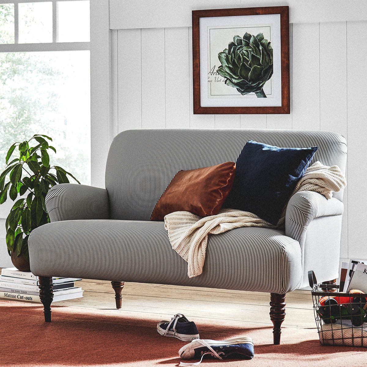 Amazon Brand – Stone & Beam Modern Sweeping Arm Settee, 51"W, Oxford Stripe Charcoal