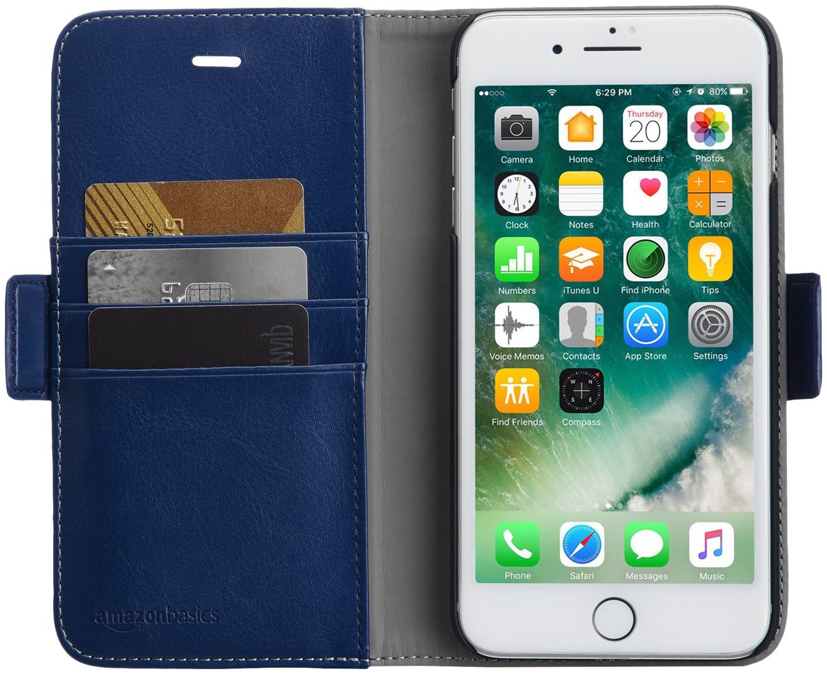 AmazonBasics iPhone 8 Plus / 7 Plus PU Leather Wallet Detachable Case, Navy