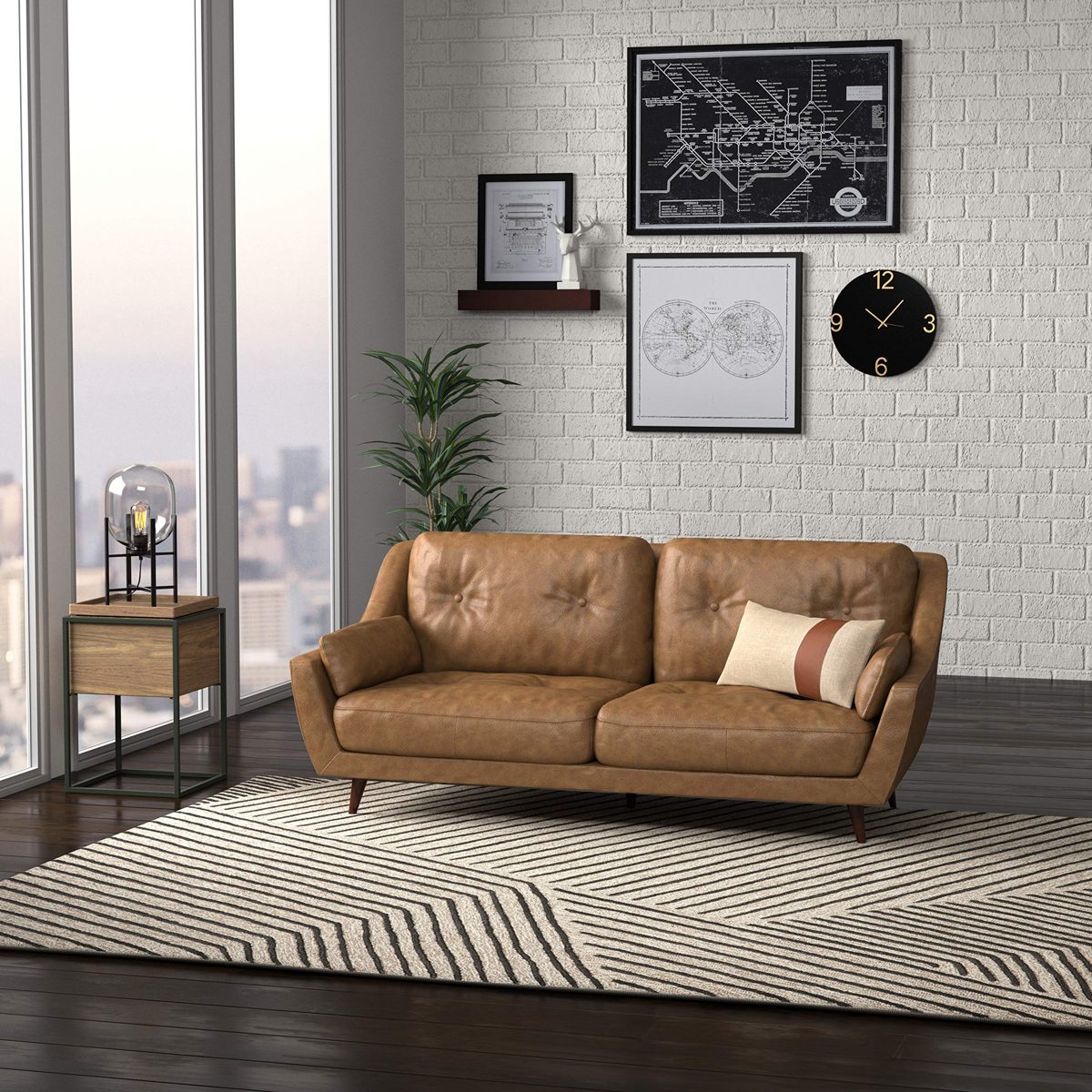 Amazon Brand – Rivet Brooker Down-Filled Mid-Century Sofa, 76"W, Top Grain Leather, Cognac