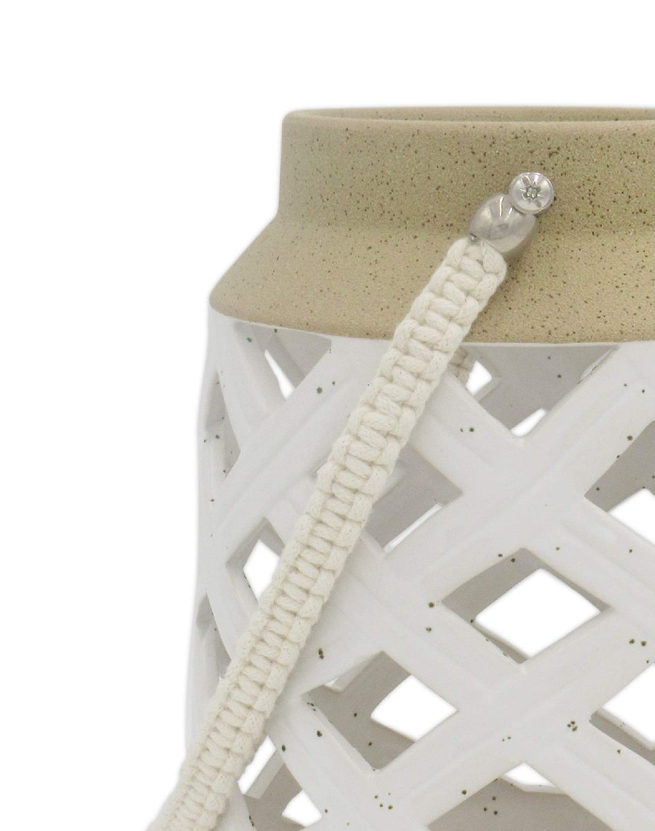 Amazon Brand – Stone & Beam Modern Decorative Stoneware Container with Strap, 10.43"H, Beige and White