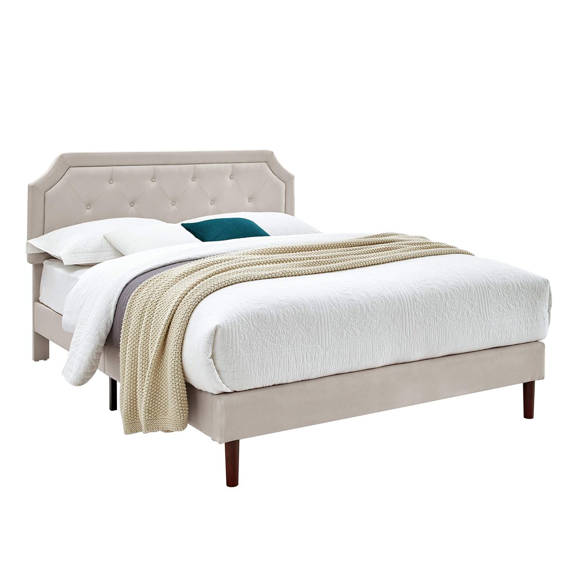 Upholstered Curve with Button Tufted Platform Bed/Mattress Foundation /  Strong Wood Slat Support /Easy Assembly/Beige,King
