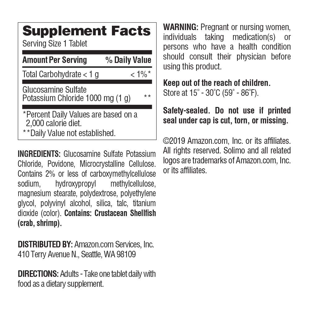 Amazon Brand - Solimo Glucosamine Sulfate 2KCl 1000 mg, 240 Tablets*, Eight Month Supply