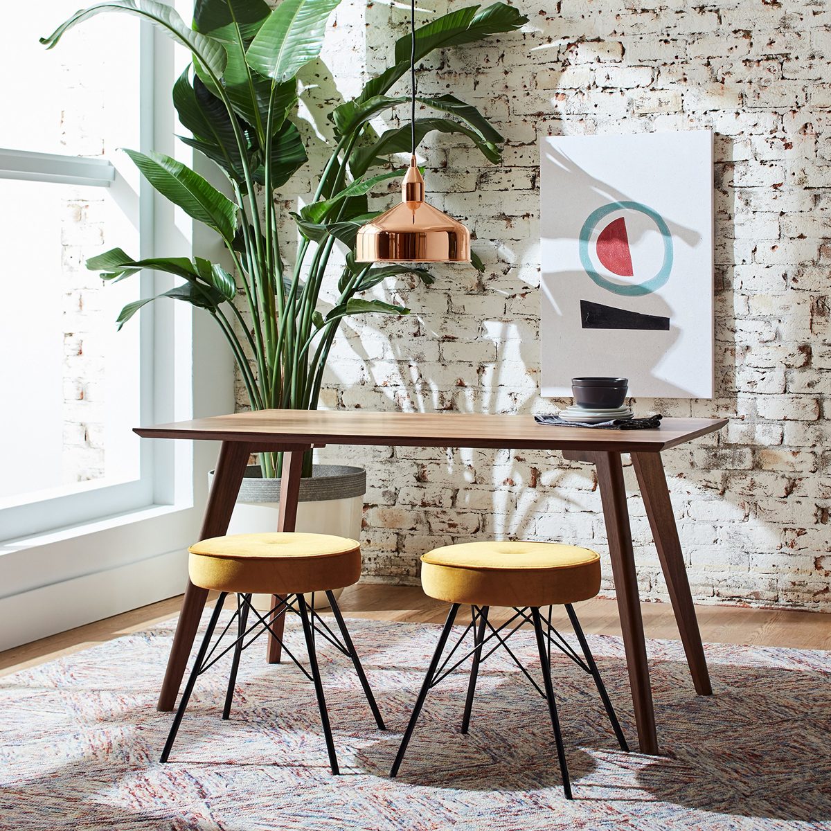 Rivet Stevie Mid-Century Modern Bar Stool, 30"H, Pack of 2, Yellow