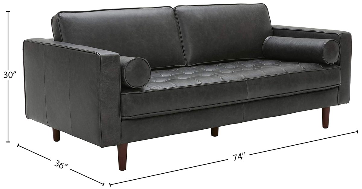 Amazon Brand – Rivet Aiden Mid-Century Leather Sofa with Tapered Wood Legs, 74"W, Black