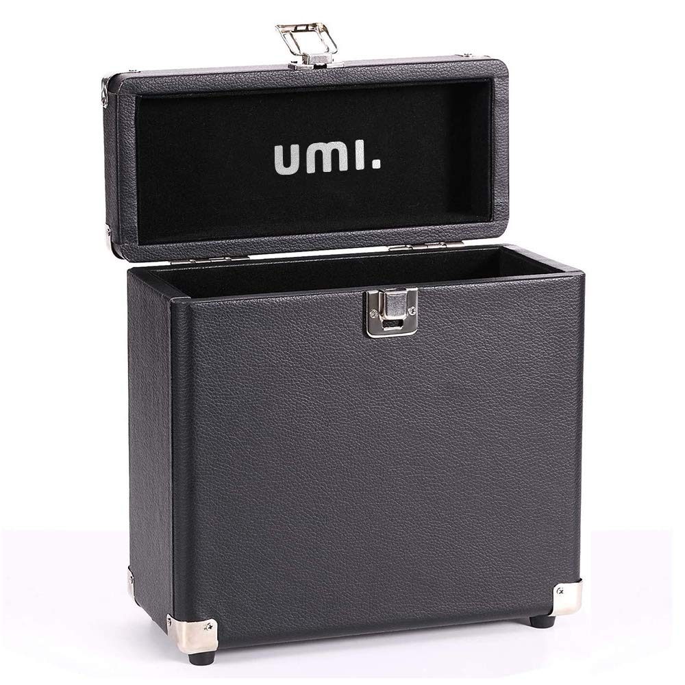 Umi Vinyl Record Storage Box and Holder, Portable Retro Record Album Storage Case For 25+ Albums, Vinyl Records Collections Storage Organizer Display Box - 7 Inch (Black)