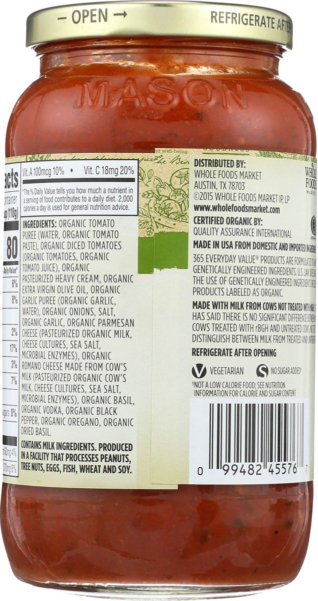 365 Everyday Value, Organic Creamy Vodka Pasta Sauce, 25 oz