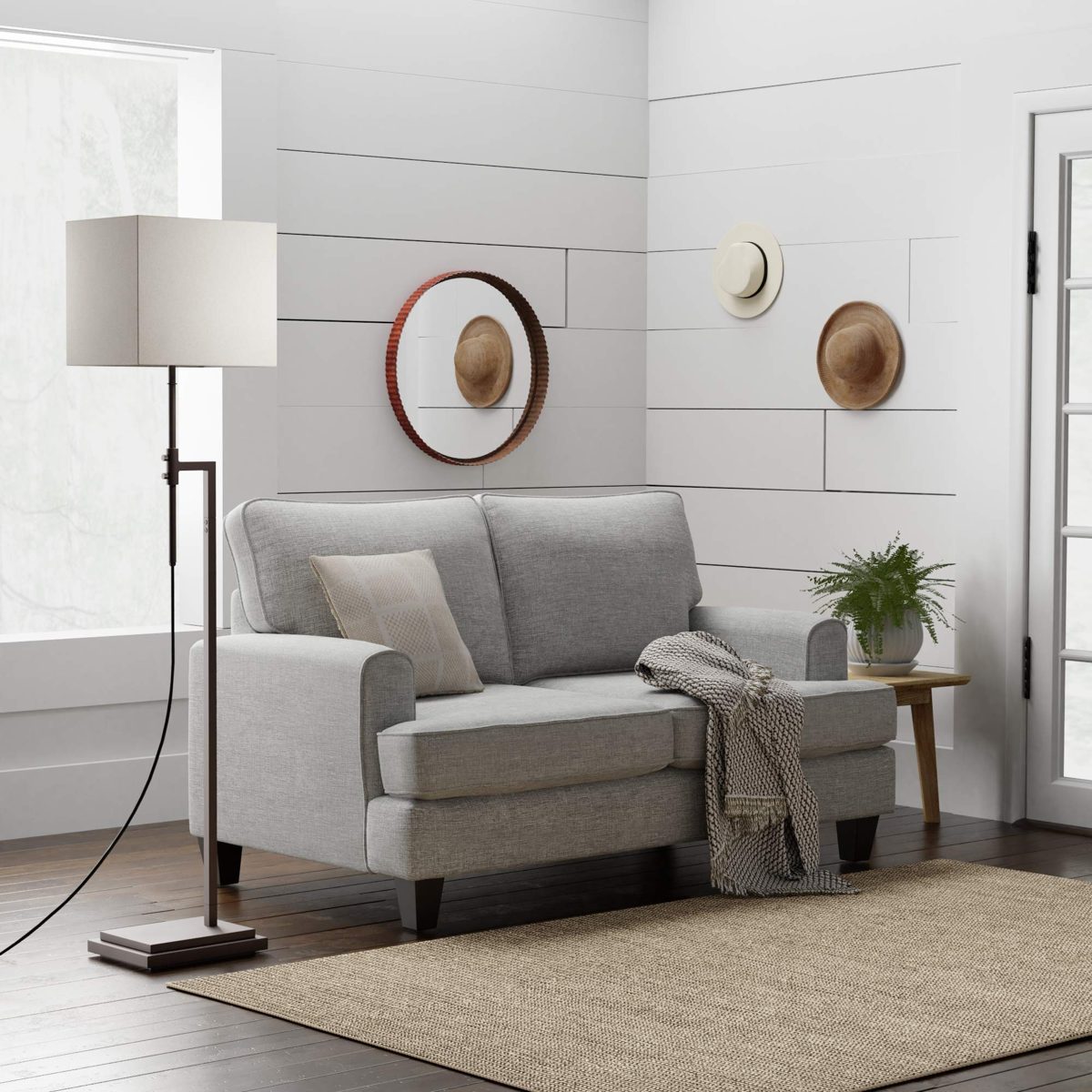 Amazon Brand – Stone & Beam Contemporary Adjustable Height Floor Lamp with Rectangular Linen Shade, LED Bulb Included, 63"H, Brown