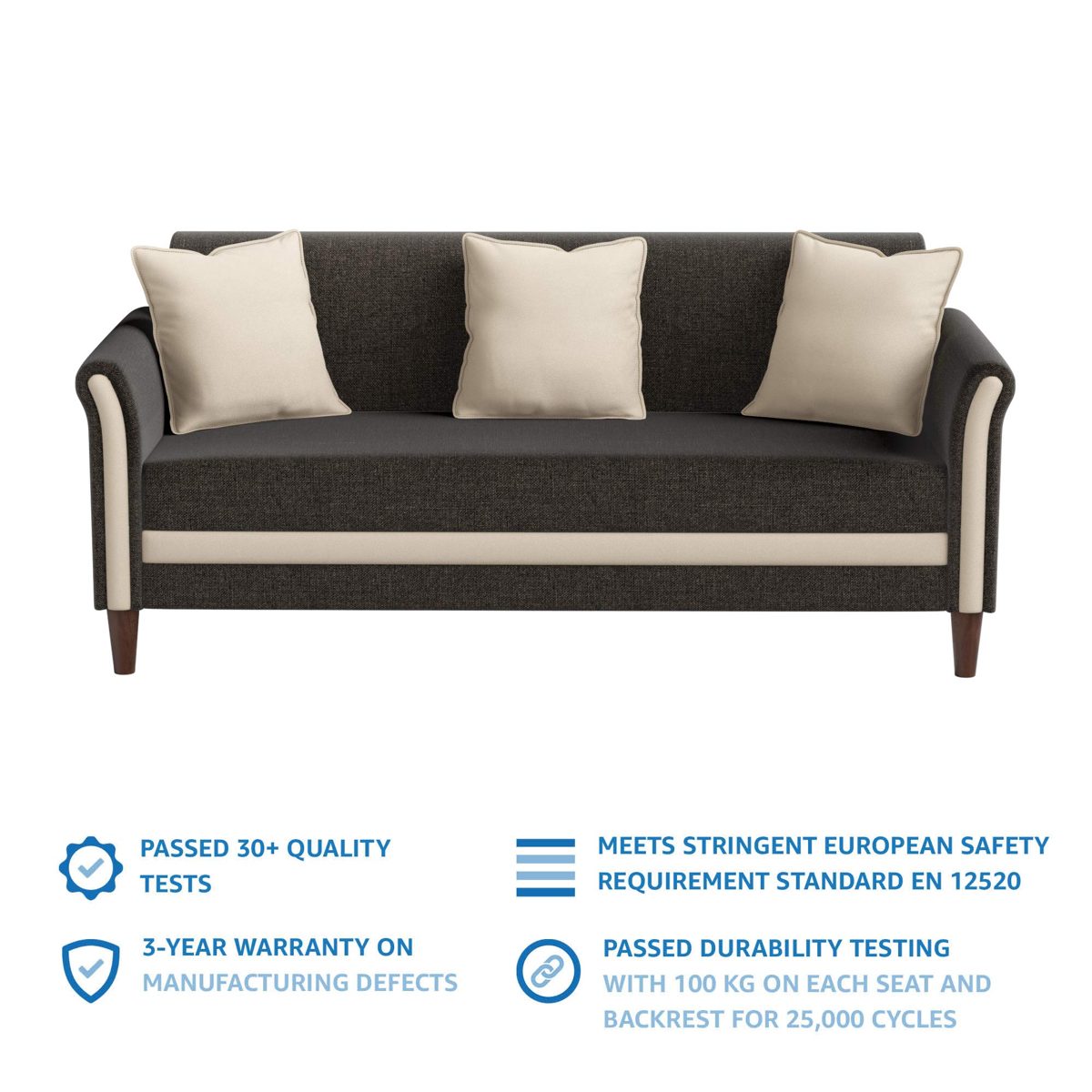 Amazon Brand - Solimo Houstan Fabric 3 Seater Sofa (Beige & Brown)