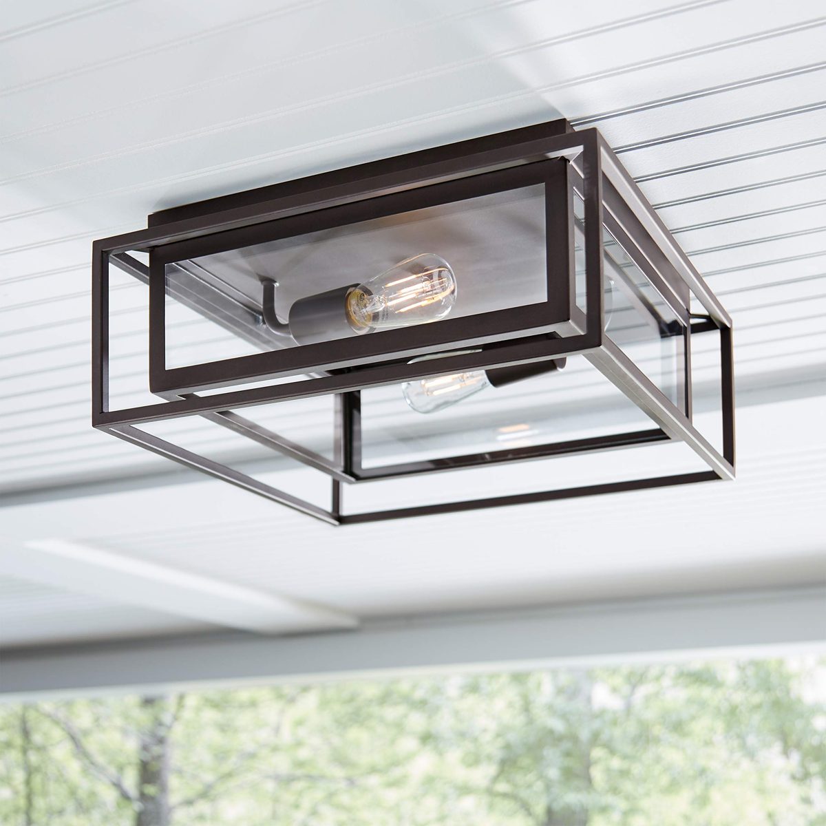 Amazon Brand – Stone & Beam Industrial Rectangle Cage Flush Mount Exterior Ceiling Fixture With 2 Light Bulbs - 15.25 x 15.25 x 6.5 Inches, Oil-Rubbed Bronze