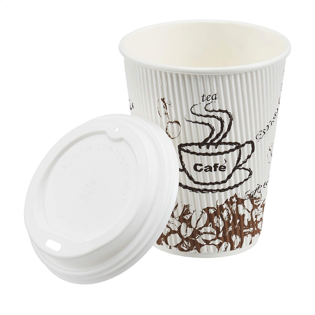 AmazonBasics Insulated Ripple Wall Hot Cups with Lids, Café Design, 12 oz, 100-Count