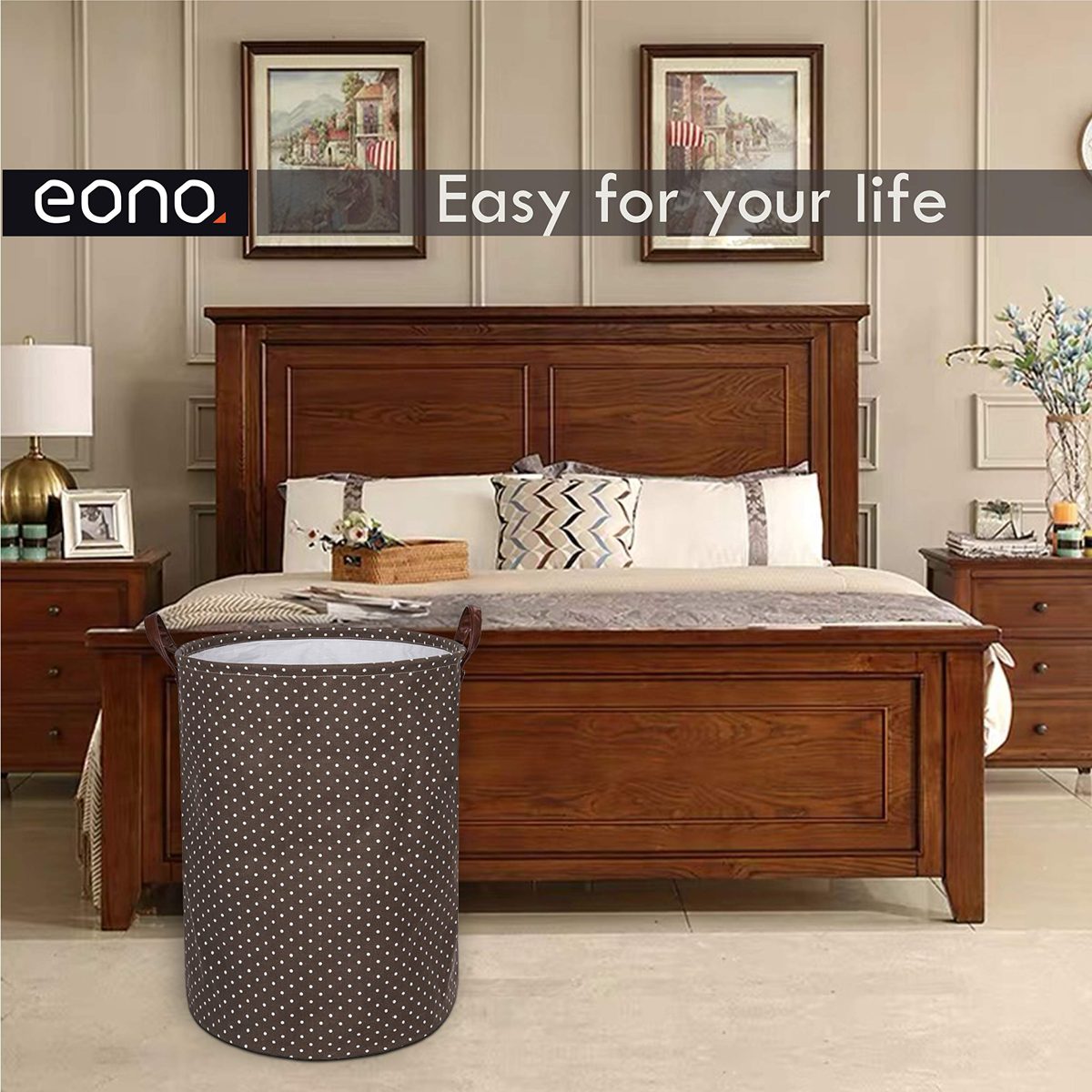 Eono Amazon Brand 19-Inches Thickened Large Laundry Basket with Durable Leather Handle, Drawstring Waterproof Round Cotton Linen Collapsible Storage Basket (Brown, L)