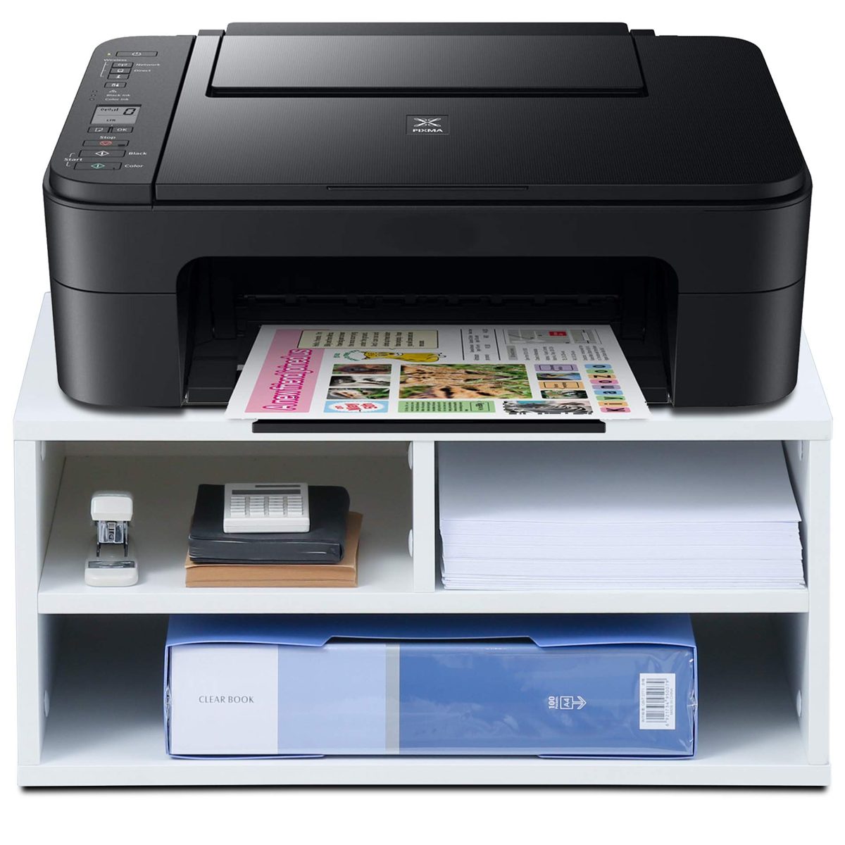 EONO EDO201401WW Printer Holder with 3 Compartments Wood White Organiser for Office and Home 47 x 40 x 22.5 cm