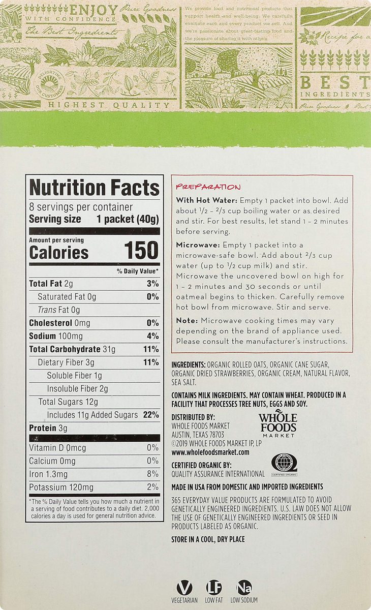 365 Everyday Value, Organic, Instant Oatmeal, Strawberries and Cream, 11.3oz, 8 ct