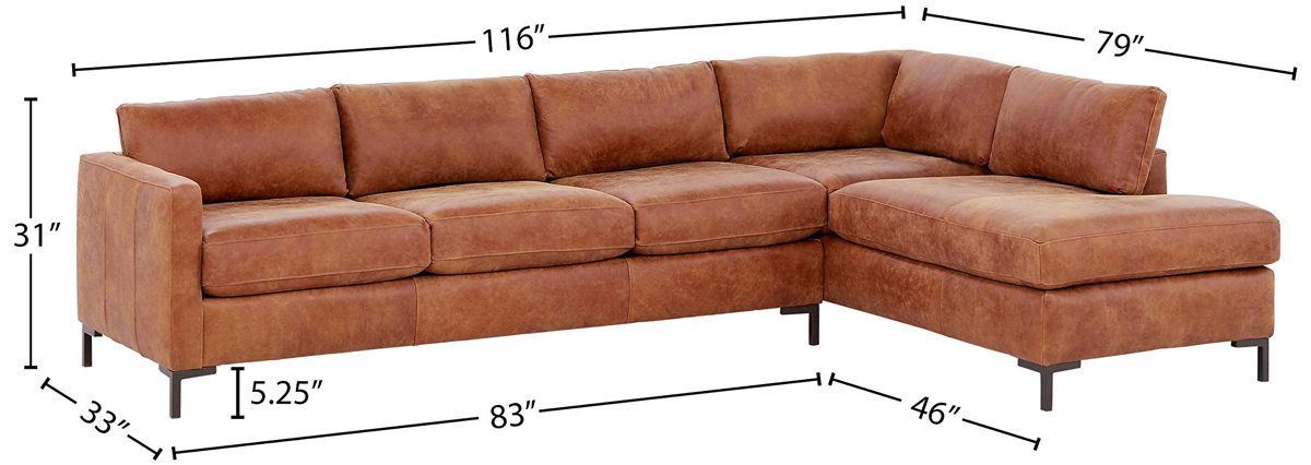 Amazon Brand – Rivet Edgewest Modern Right-Facing L-Shape Sectional, Leather, 116"W, Saddle